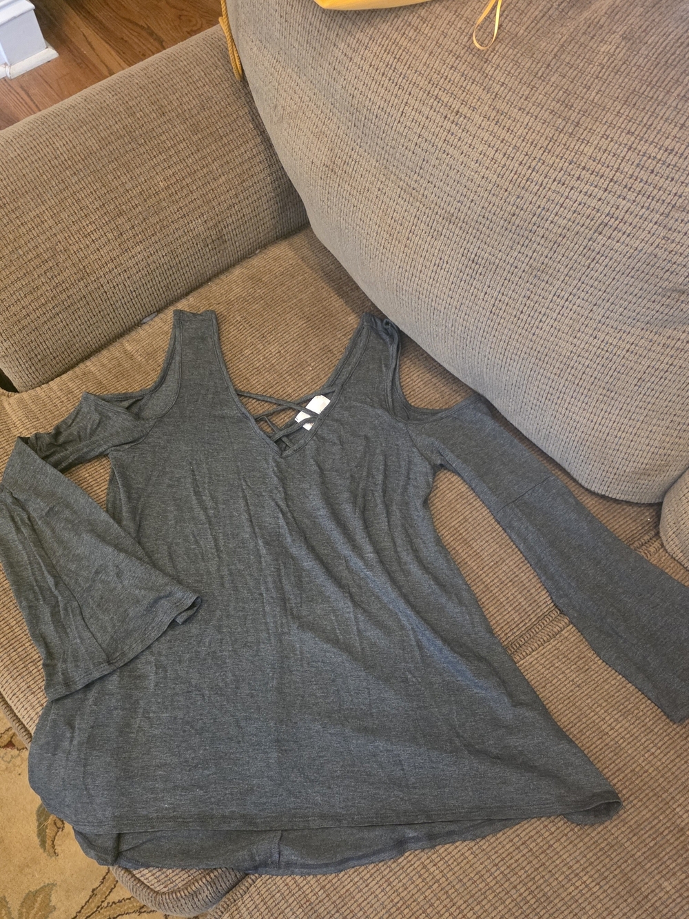 Cold-Shoulder V-Neck Long Sleeve Top in Charcoal Gray